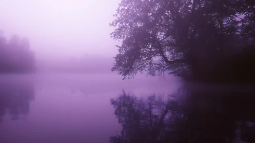 Fog-covered lakeside trees under monochrome purple light.