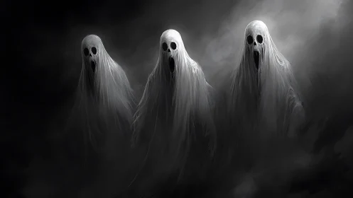 Three ghostly figures drift through swirling monochrome fog.