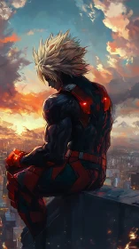 Digital painting of armored hero over dusk city skyline.