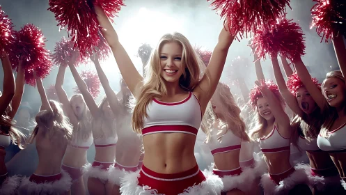 Cheer squad leads high-energy stadium performance, vivid light.