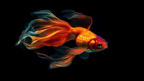 Luminous goldfish pirouettes like liquid fire in deep space