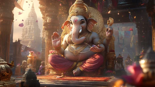 Luminous temple ganesha rendered with hyperreal digital detailing.