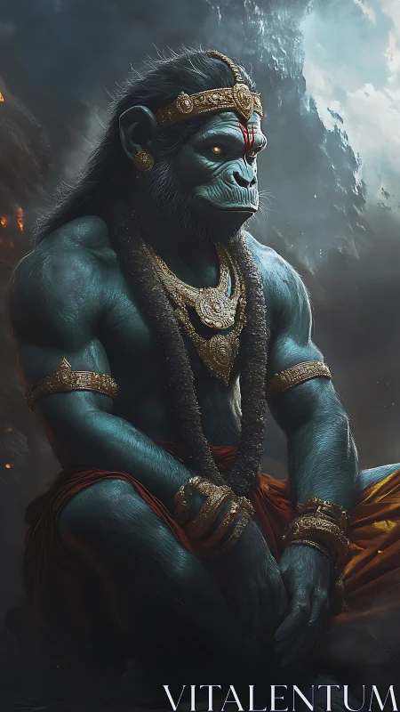 Mythic blue simian deity in ornate gold regalia, storm cliff