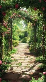 Stone garden path under rose-covered arbor with dappled sunlight