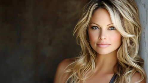 Elegant blonde woman with wavy hair in natural light portrait.