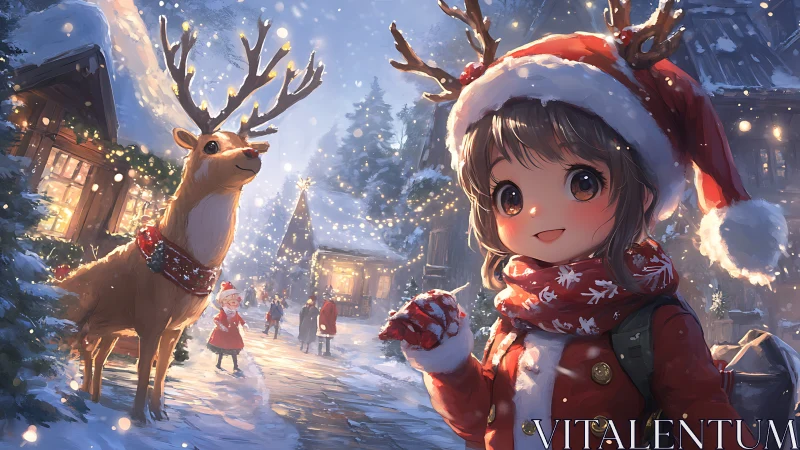 Anime winter village scene with festive child and reindeer focus.