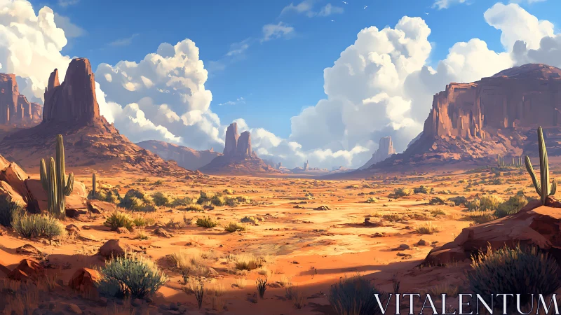 Desert plateau landscape with rock mesas and sparse cacti.