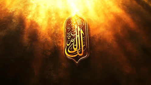 Luminous Arabic calligraphy emblem in volumetric golden haze.