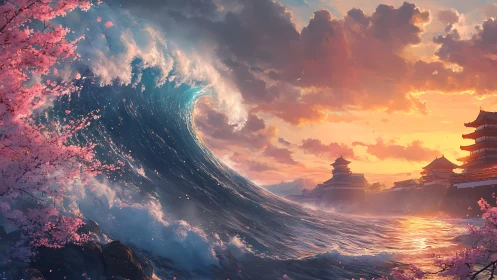 Large ocean wave near coastal pagodas at sunset scene.