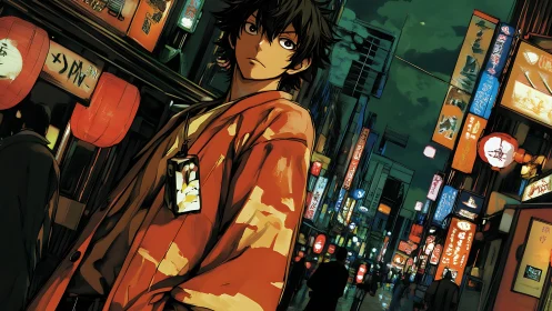 Young man walks through neon lit urban street at night