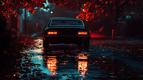 Classic coupe in neon rain with cinematic backlit reflections.