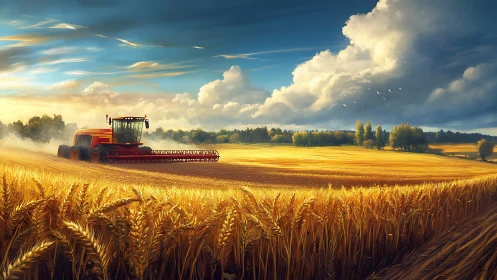 Golden wheat harvest under sweeping summer storm clouds.