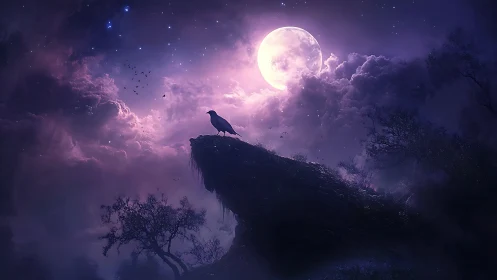Solitary corvid on ridge beneath full moon and clouds.