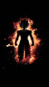 Silhouetted anime warrior stands within a blazing inferno