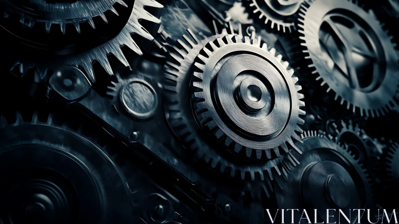 Interlocked steel gear mechanism rendered with cinematic contrast