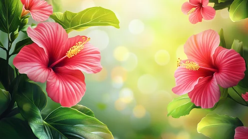 Vibrant Pink Hibiscus Blooms Glowing in Sunlight.