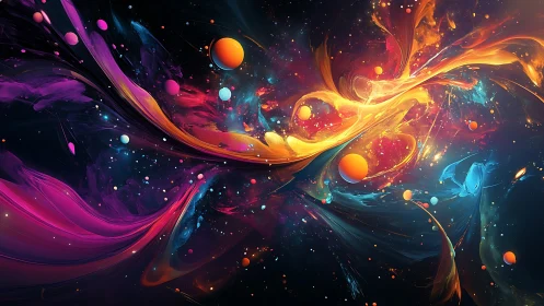 Abstract cosmic swirls with floating orbs in deep space.