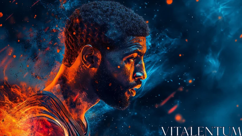 Blazing court warrior ignites against a storm of blue starlight.