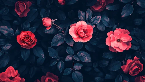 Crimson Blooms Dance Through Midnight Garden Shadows.