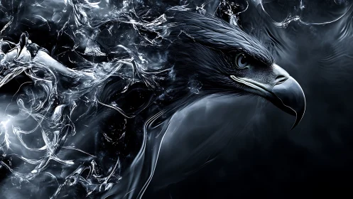 Liquid chrome eagle emerging through dark fluid storm.