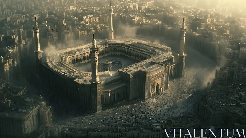 Aerial dystopian mega-mosque amid eroded desert metropolis.
