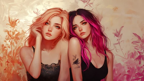 Digital portrait of two girls with vivid pastel florals.