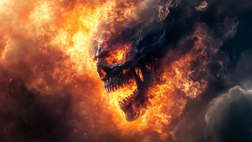 Flaming demonic skull emerging from infernal nebula clouds.