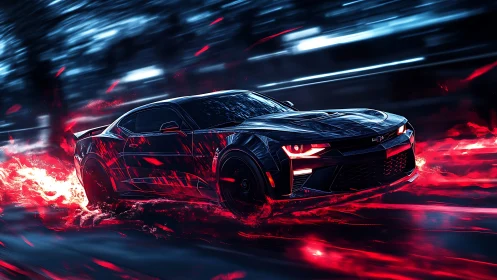 Black sports car accelerates through neon red light trails