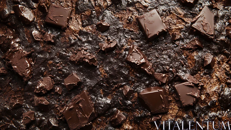 Chocolate Chunks Scattered on Dusted Cocoa Powder Surface. Macro Detail