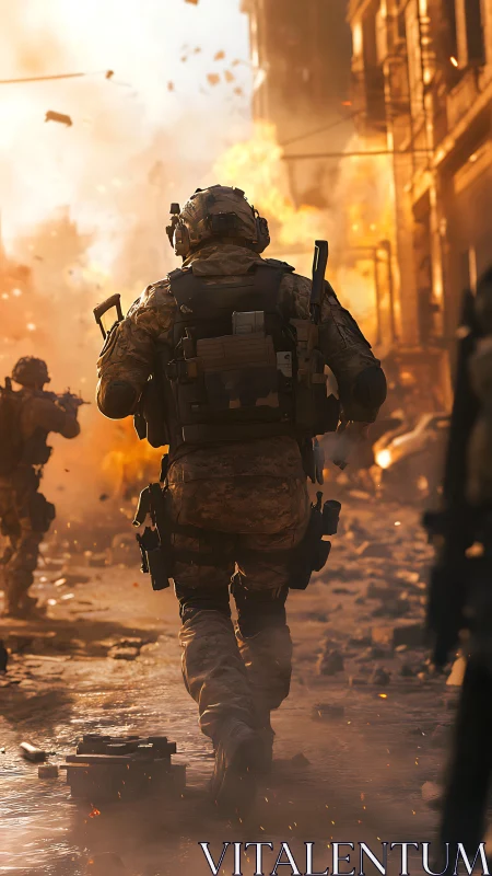 Armored stride through molten cityfall and warlit dust.