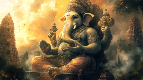 Mythic elephant-headed deity amid luminous temple haze.