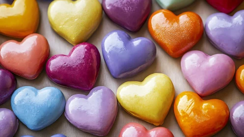 Colorful Heart-Shaped Candies Arranged on Neutral Surface.