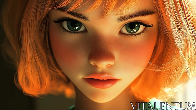 Sunlit emerald gaze in a freckled, softly glowing portrait.