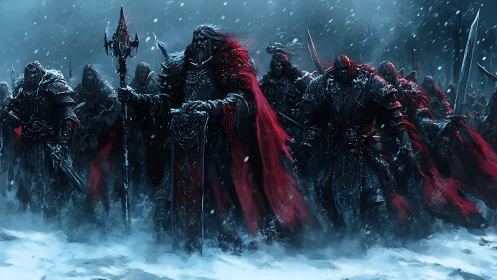 Dark legion marches through blizzard in bloodred cloaks.