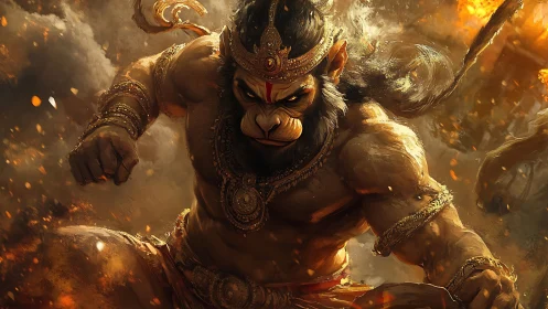Mythic warrior monkey charges through blazing battlefield