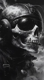 Skull-faced pilot in smoky monochrome flight gear stares out.