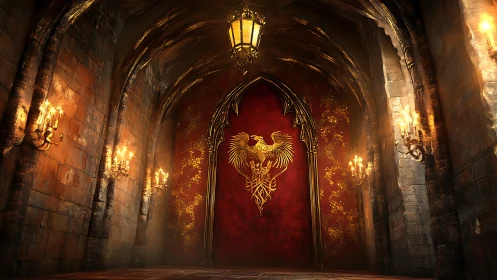 Gothic corridor with gilded phoenix sigil and torchlit stonework.