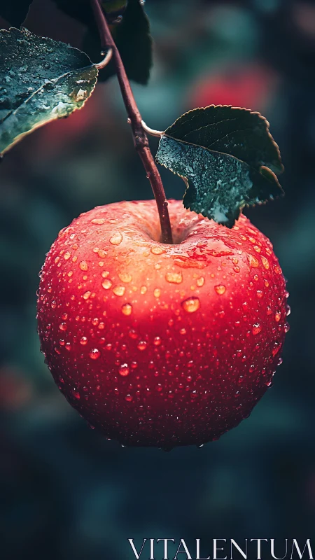 Macro close-up of dew-covered red apple with shallow depth of field