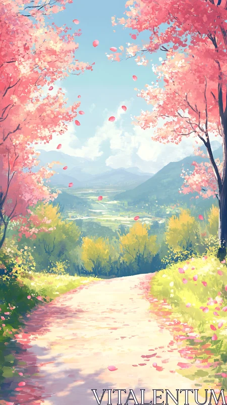 Spring hillside path opens onto a tranquil sunlit valley