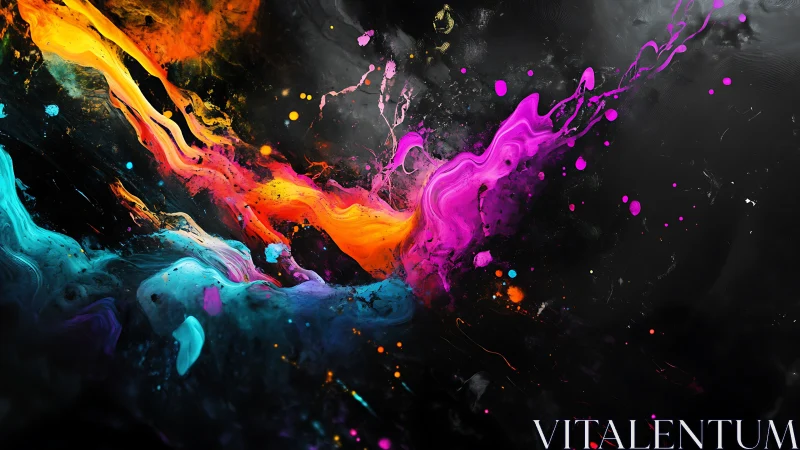 Colorful liquid paint splashes diagonally across dark background