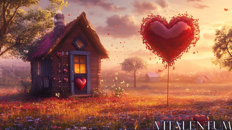 Cottage with Giant Heart Tree in Golden Field.