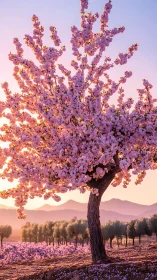 Sunlit cherry blossom tree over pastel mountain valley.