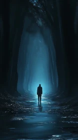 Lone silhouette enters glowing blue forest corridor.
