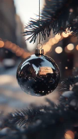 Chrome ornament reflects winter city lights at dusk.