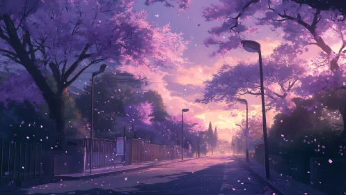 Spring dusk bathes a quiet cherry blossom street in light