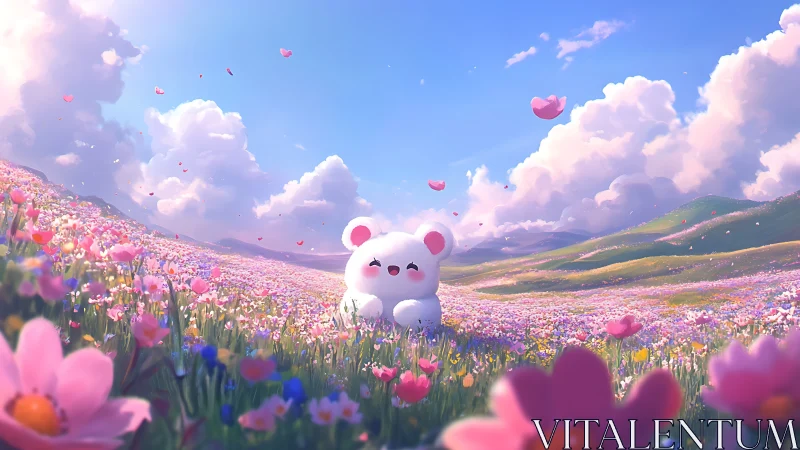 White cartoon bear in expansive flower meadow under sky.