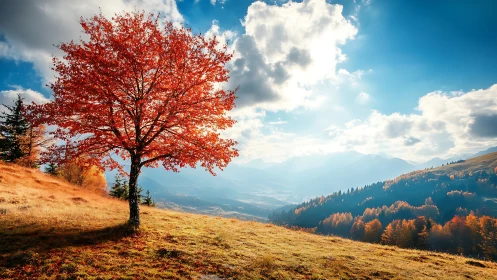 Solitary autumn tree dominates illuminated alpine hillside