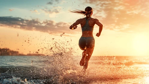 Backlit female athlete sprinting through surf at golden sunset