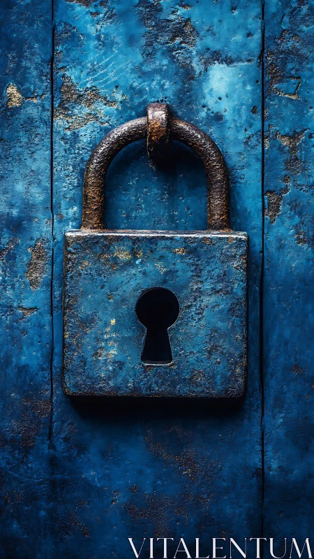 Weathered metal padlock on distressed blue painted door.