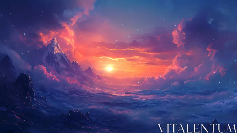 Radiant fantasy sunrise washes distant mountains in gentle light